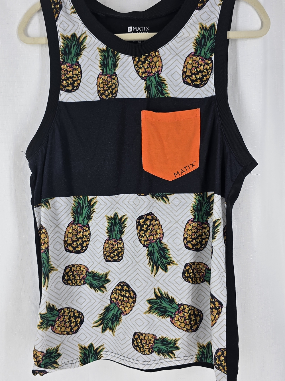 Matix Black Tank with Pineapple Print and Orange Pocket